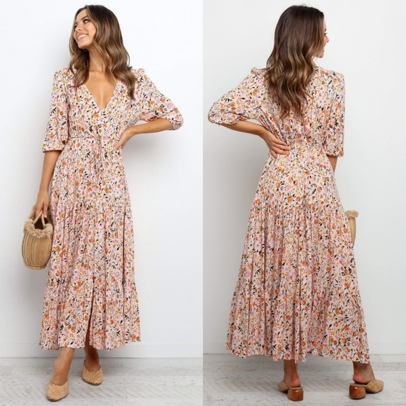 Petal & Pup Dresses & Skirts - Petal & Pup Kelda Pink Beige Floral Maxi Full Length Button V-Neck New Dress XL